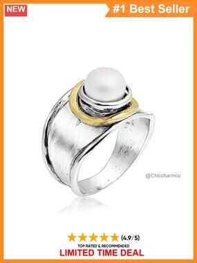 Sterling Silver 14K Gold Plated Hammered Pearl Ring